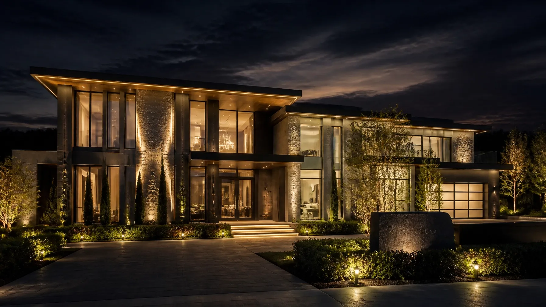 Modern luxury home exterior at twilight