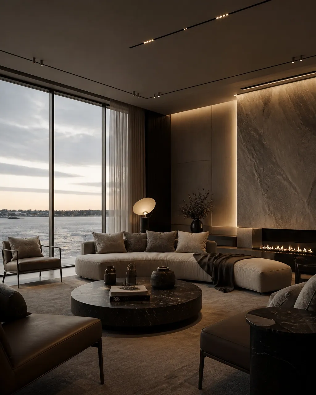 Elegant luxury living room with waterfront view